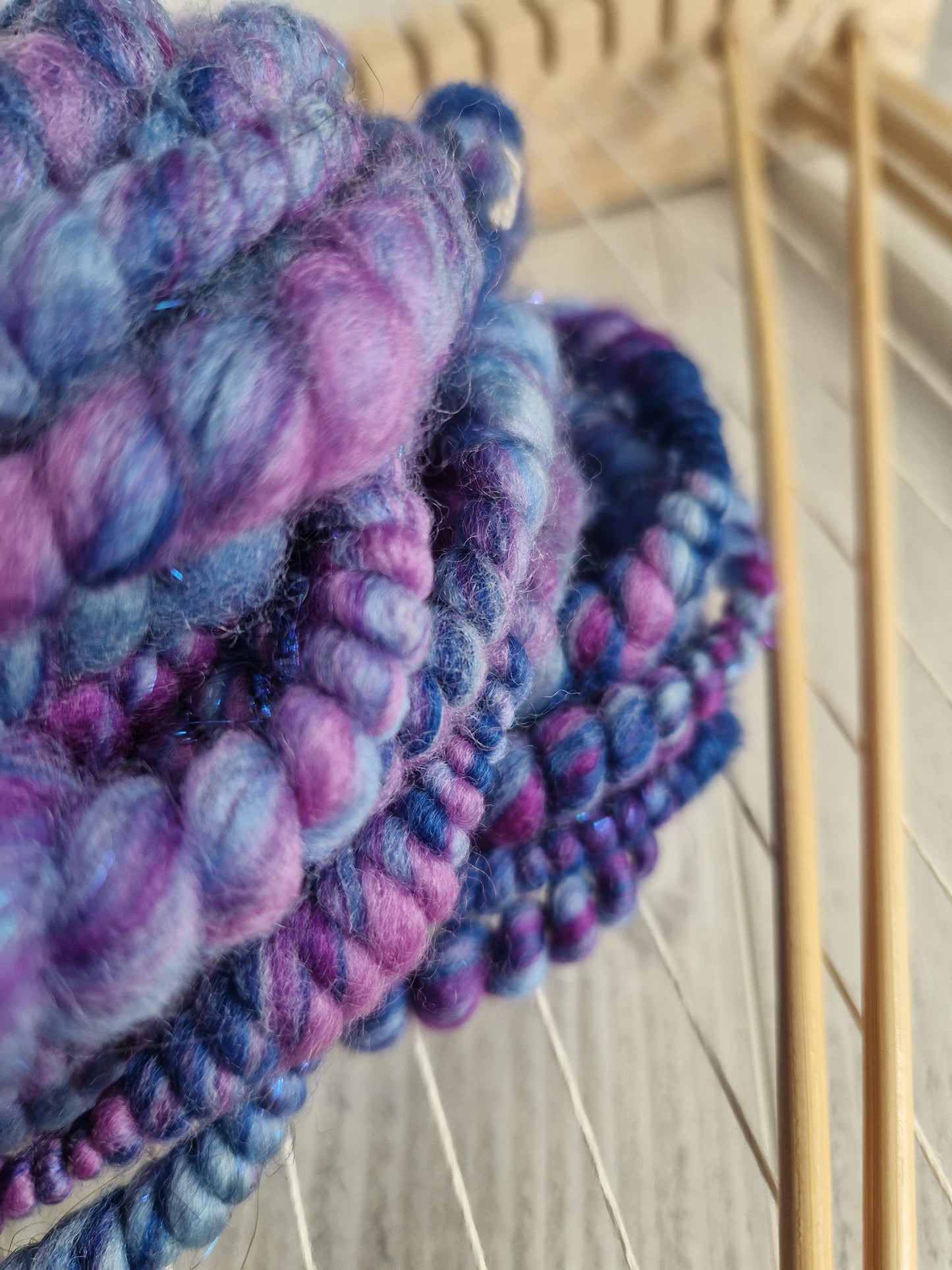 Fantasy Blue and Purple Handspun Bubble Art Yarn with Angelina Sparkles
