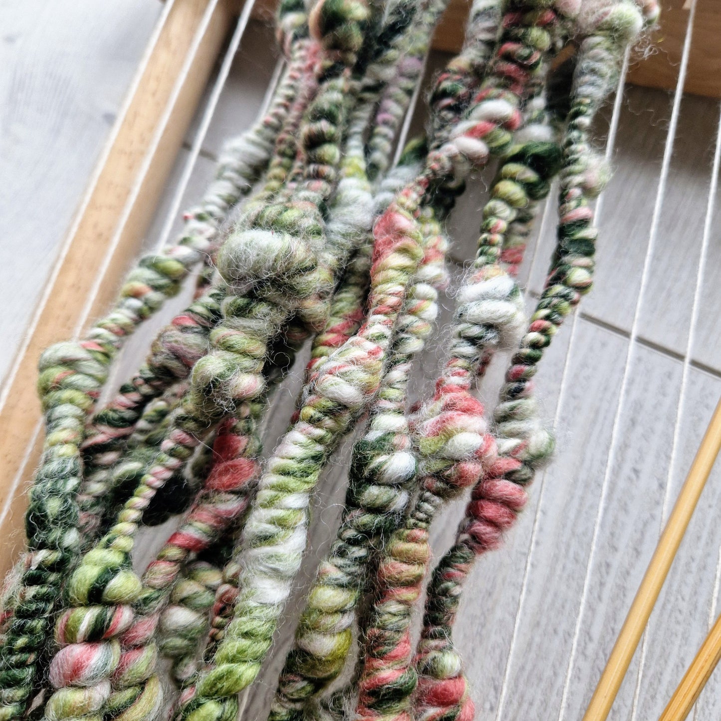 Green, Coral and White Handspun Art Yarn