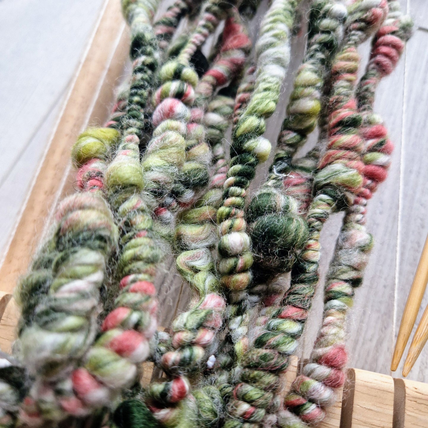 Green, Coral and White Handspun Art Yarn