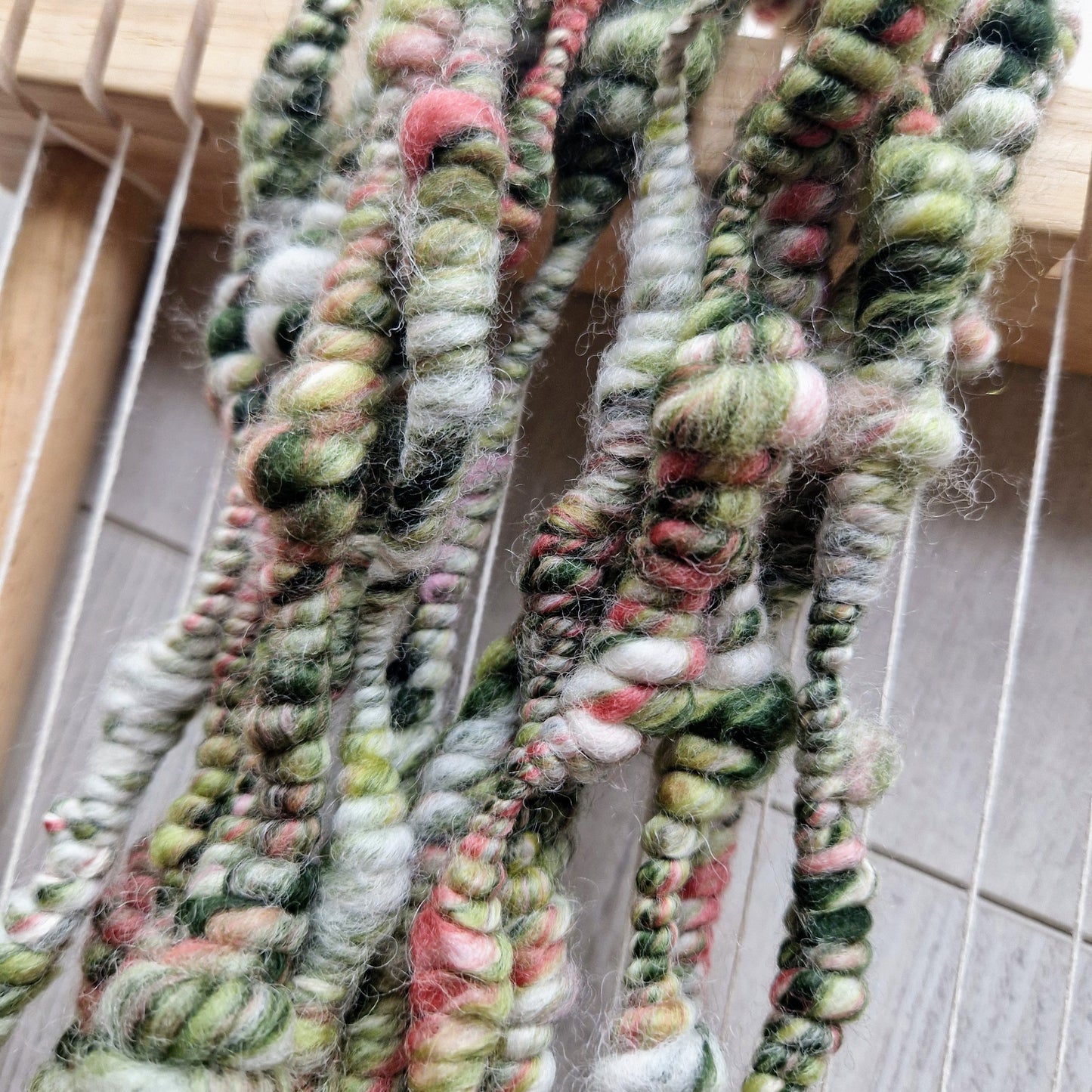 Green, Coral and White Handspun Art Yarn