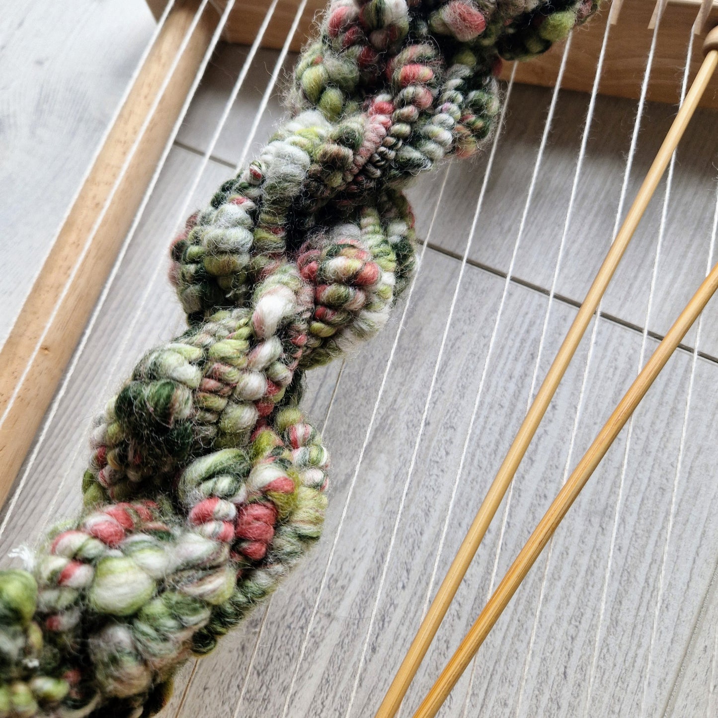 Green, Coral and White Handspun Art Yarn