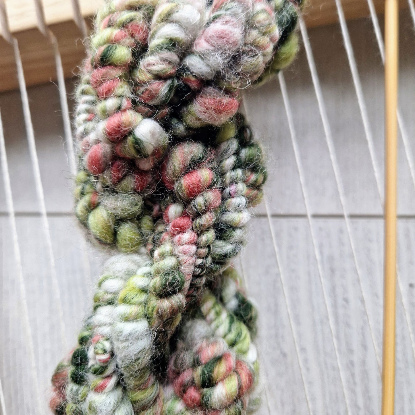 Green, Coral and White Handspun Art Yarn