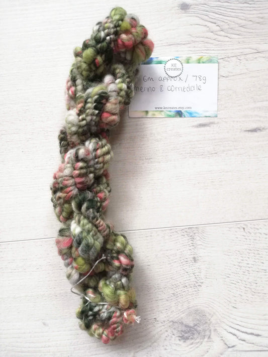 Green, Coral and White Handspun Art Yarn