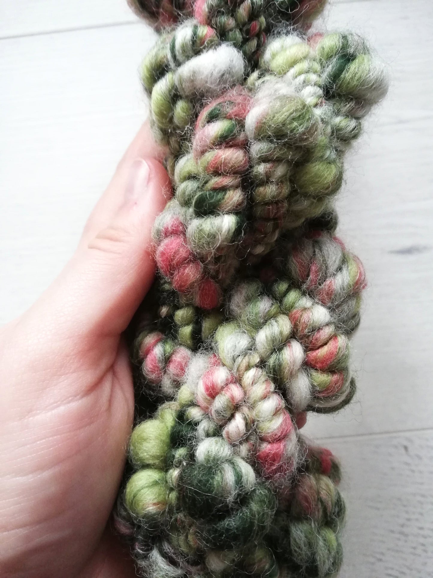 Green, Coral and White Handspun Art Yarn