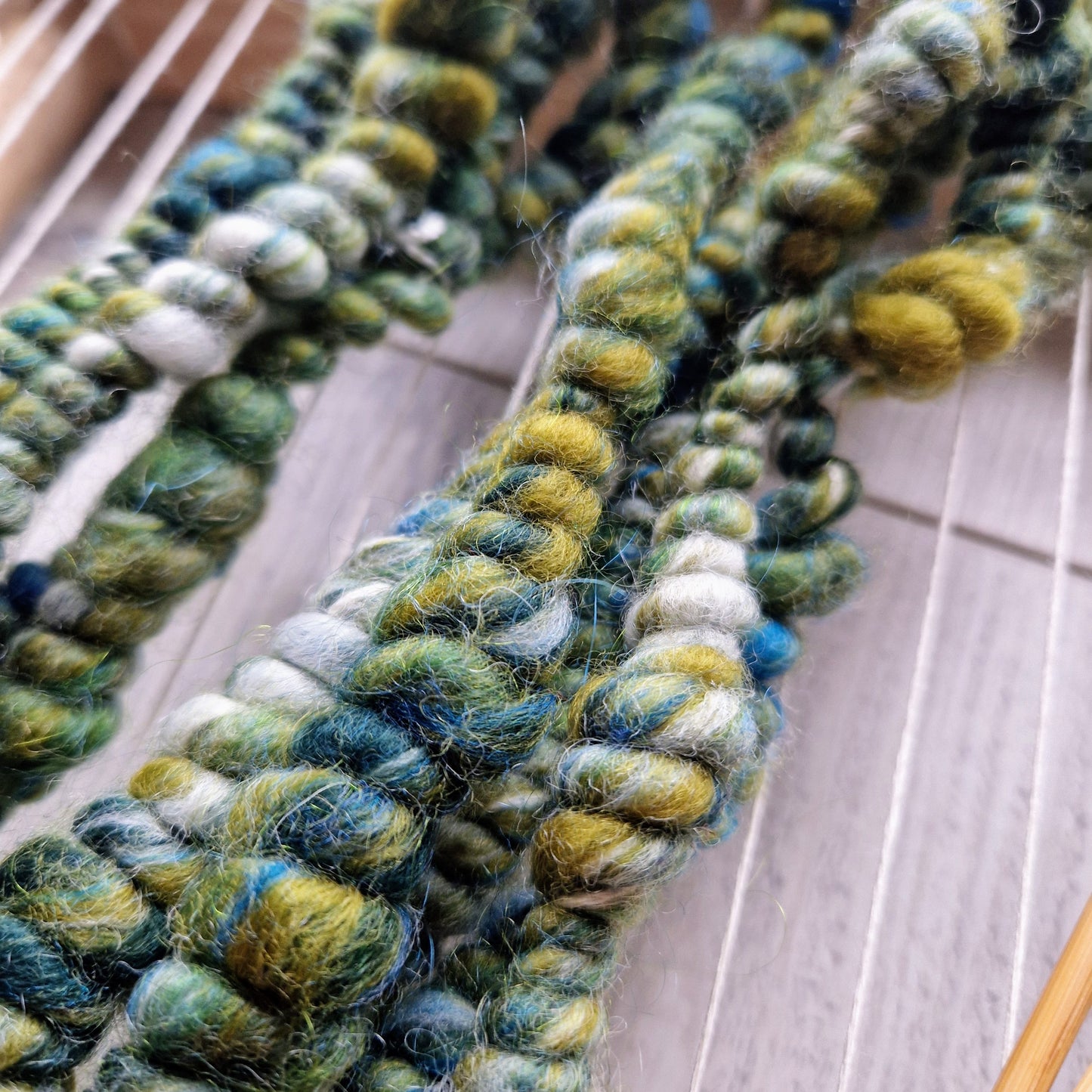 Green and Aqua Blue Coil Spun Bubble Art Yarn