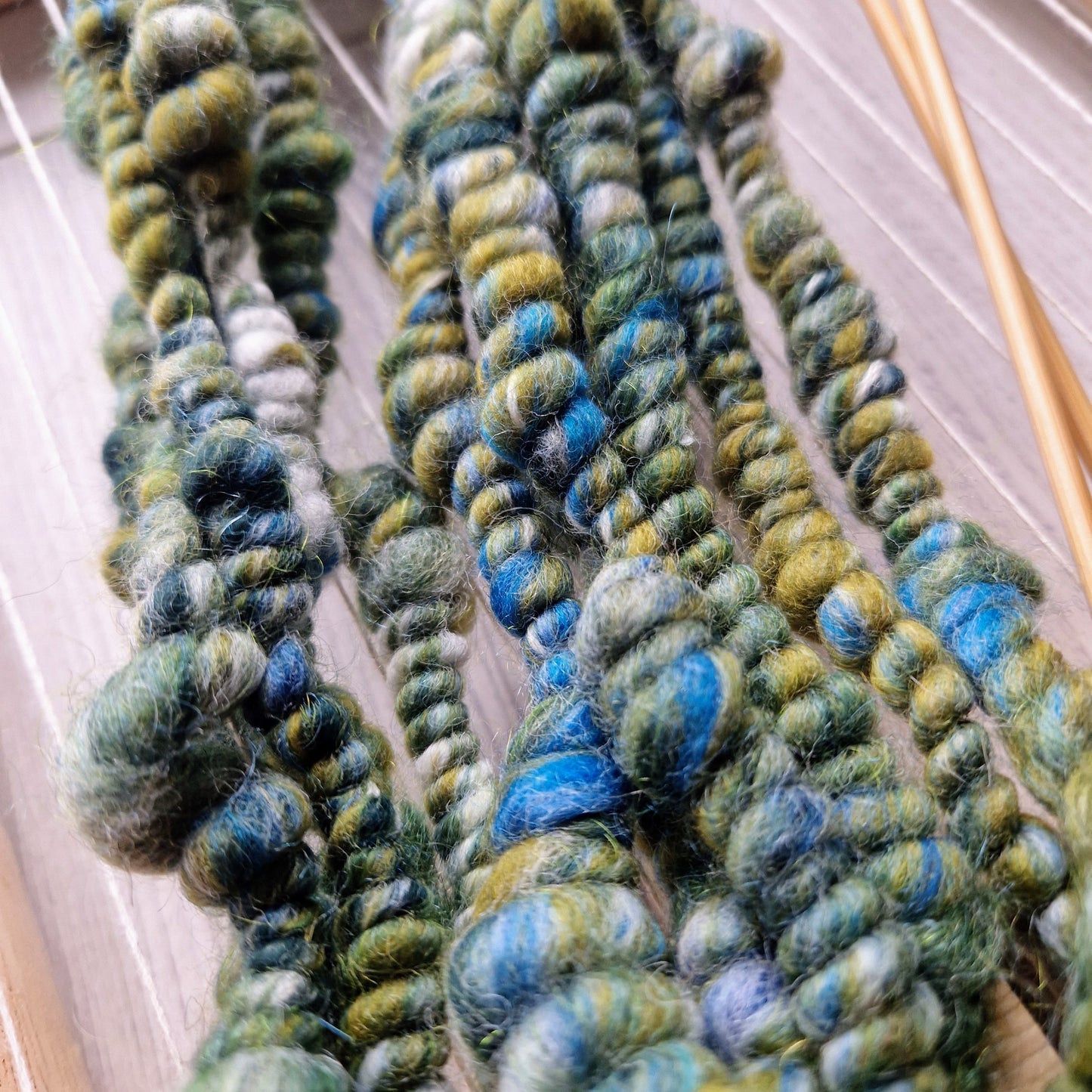 Green and Aqua Blue Coil Spun Bubble Art Yarn