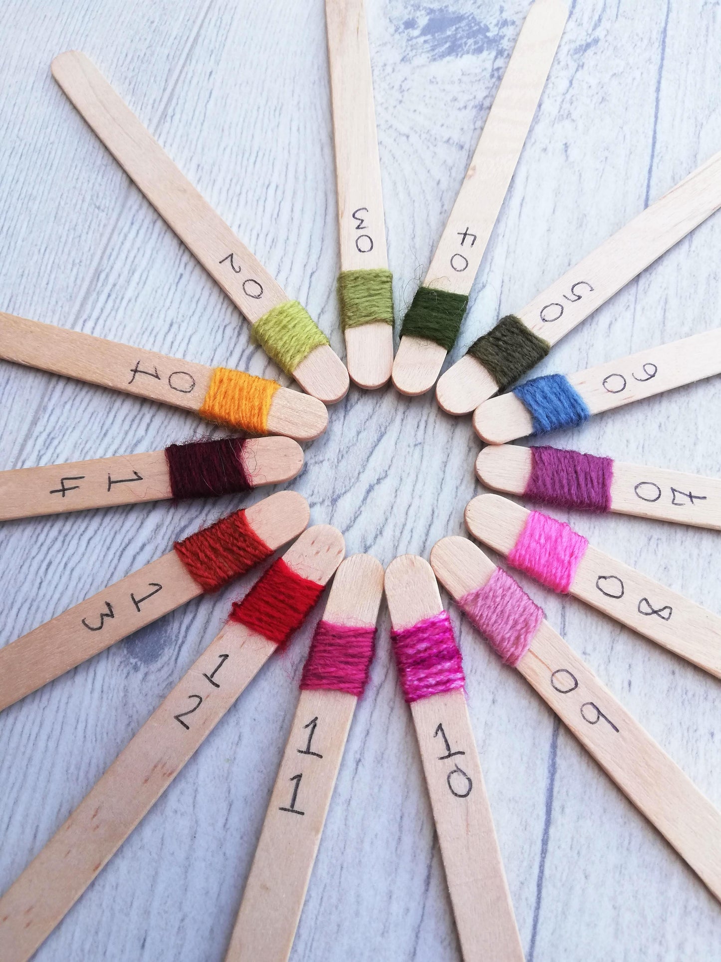 lollipop sticks are arranged in a circle with different coloured yarn wrapped around the tops and numbers written below each strip of yarn. Colours range from yellow to green, to blue and purple, to pink and into orange and red.